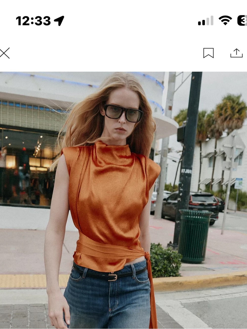 Satin Wrap-Detail Wide Leg Jeans Top in Burnt Orange
